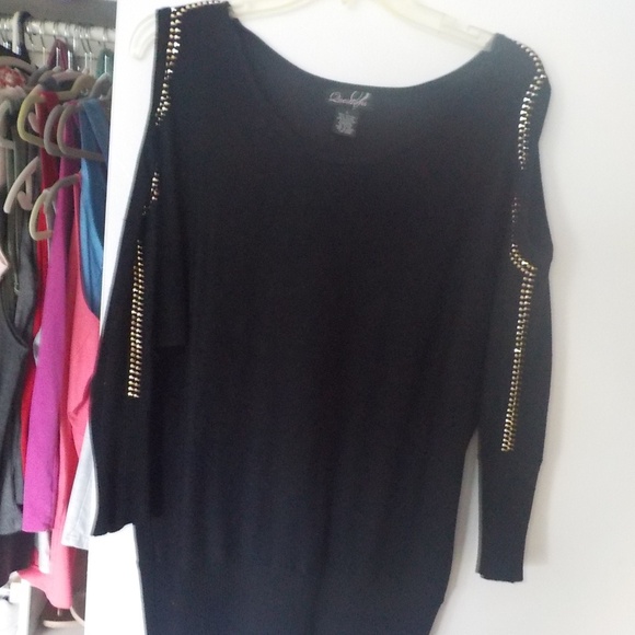 Long Tunic Sweater Gold Studs Cold Shoulder - Picture 2 of 11